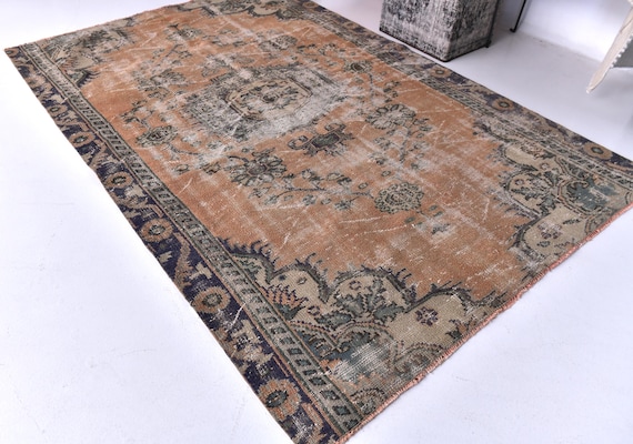 5x8 Vintage Distressed Wool Rug, Faded Terracotta Floral Design, 5x8 Handmade Wool Rug, Medallion Area Rug, 5x8 Farmhouse Rug