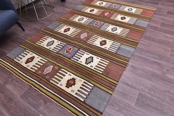 5x8 Vintage Turkish Kilim Rug, 5x8 Rug, Terracotta Cream Green Color, 5x8 Handmade Wool Jute Rug, 5x8 Traditional Turkish Rug, 5x8 Kilim Rug