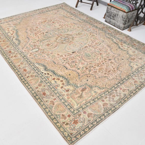 6x9 Antique Ornate Area Rug, Sage Green Border Rug, 6x9 Area Rug, Traditional Gome Decor, Botanical Design Rug, 6x9 Rug, Dining Area Rug