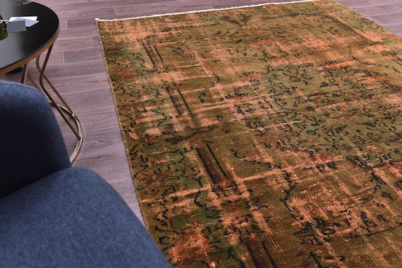 6x8 Vintage Overdyed Area Rug, Copper Orange Olive Green Color, 6x8 Farmhouse Rug, Handmade Wool Rug, 6x8 Area Rug, Farmhouse Rug, Faded Rug