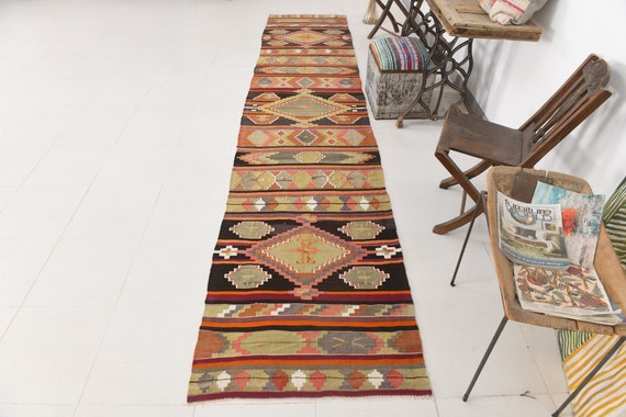3x14 Runner Rug, 3x14 Kilim Runner, 3x14 Long Stair Kilim Runner Rug, 3x14, Oushak Handmade Kilim, 3x14 Rugs, Shades Of Green Tones Kilim