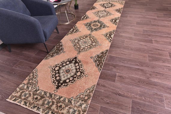 3x13 Vintage Turkish Runner Rug, Terracotta Black Color Rug, 3x13 Handmade Wool Rug, 3x13 Hallway Runner, 3x13 Kitchen Runner Entryway Decor