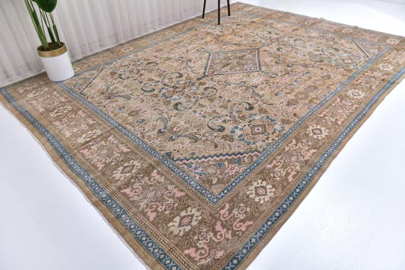 9x13 Vintage Unique Tabriz Style Rug, 9x13 Large Area Rug,  Brown pink Blue Traditional Oriental Rug, Living Room Decor Handwoven Wool