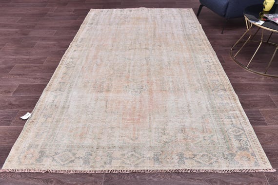 6x9 Vintage Faded  Area Rug, Terracotta Green Blue Color, Farmhouse Decor, Floral Design, Living Room Bedroom Rug,