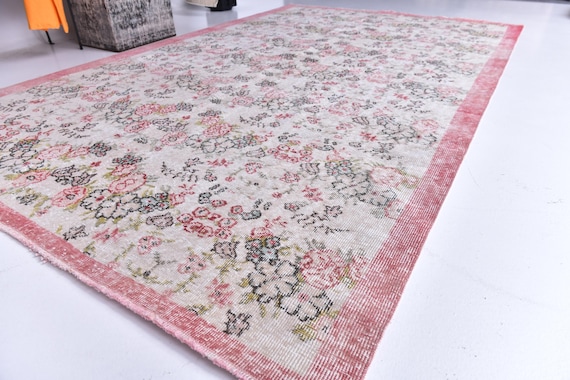 6x10 Turkish Vintage Floral Rug, Pink White Green Color Rug, Handmade Decor, 6x10 Turkish Area Rug 6x10, Living Room Rug, Antique Tapestry,
