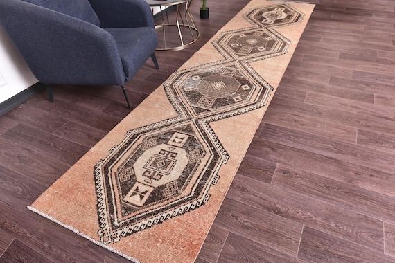 3x13 Vintage Turkish Brown Runner Rug, 3x13 Muted Color, 3x13 Handmade Wool Runner, 3x13 Kitchen Runner,  Farmhouse Decor, 3x13 Hallway Rug