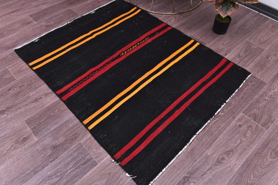 3x4 Vintage Striped Rug, Traditional Patterneds, Vintage Accent Rug 3x4, Doormat Rug , Handmade Wool Rug, 3x4 Area Rug, Black Red Color Rug