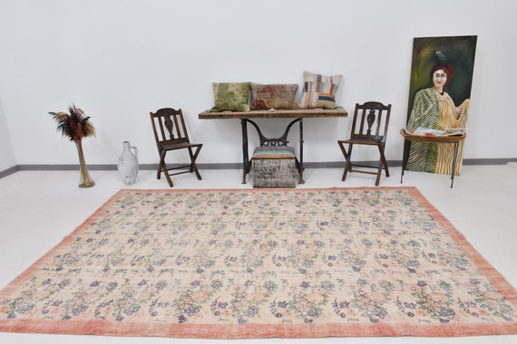 7x10 Oversized Vintage Persian Rug, Handmade Wool Rug, 7x10 Area Rug, Oversized Persian Rug, Beige & Blue Persian, Rustic Primitive Style