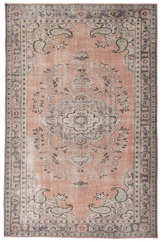 6x10 Turkish Floral Area Rug, 6x10 Vintage Rug, Handmade Home Decor, 6x10 Wool Rug, Peach Green Color Rug, 6x10 Area Rug, Dining Room Rug