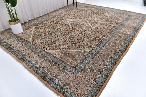 9x12 Antique Brown Persian Area Rug, Brown, Blue, Green Color Rug, 9x12 Handmade Wool Rug, Large Area Rug, 9x12 Rug, Traditional Wool Rug,