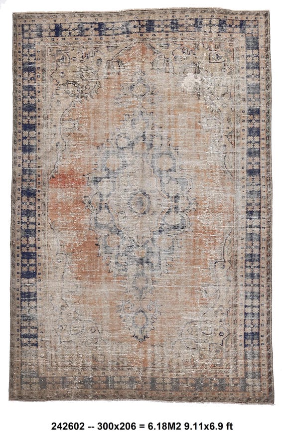 7x10 muted red Medallion Rug 7x10 Vintage Rug, 7x10 APRICOT BLUE VINTAGE Rug,7x10 Area Rug, distressed 7x10 Turkish Rug,Rugs For Living Room