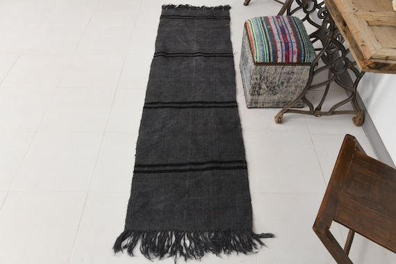 2x7 Rugs, 2x7 Hemp Runner, 2x7 Short Narrow Hemp Runner Rug, 2x7, Fringed Handmade Hemp, 2x7 Runner Rug, Shades Of Gray & Black Hemp, Gift