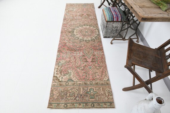 2x9 Runner Rug, 2x9 Persian Runner, 2x9 Classic Persian Runner Rug, 2x9, 58s Antique Handmade Rug, Green & Peach Red Persian Rug, Antique