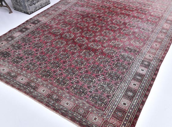 6x9 Vintage Bokhara Rug, 6x9 Burgundy Blue Color, 6x9 Geometric Pattern, Turkish Style Large Living Room Rug, 6x9 Distressed Rug, 6x9 Rug