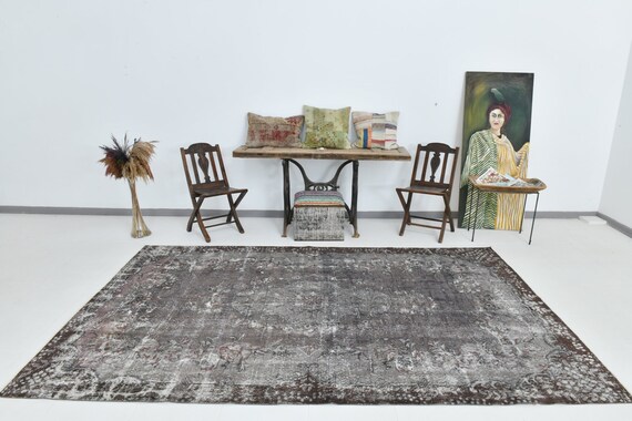 6x10 Oversize Turkish Vintage Rug, 6x10, Wool Handmade Oushak, 6x10 Area Rug, Gray & Brown Vintage Rug, Turkish Rug 6x10, Large Area Rug,