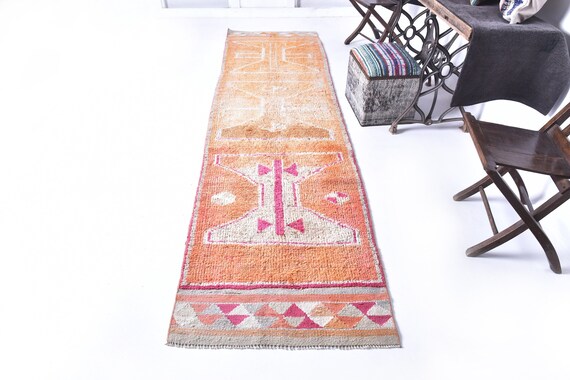3x11 Runner Rug, 3x11 Herki Runner, 3x11 Pink Orange Herki Runner Rug, Handmade Long Wool Rug, 3x11 Rugs, Orange Pink, Vintage Runner 3x11