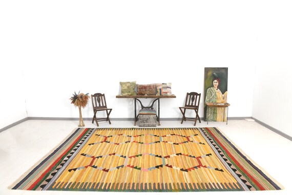 Area Rug 9x12, 9x12 Kilim Rug, 9x12 Oversize Vintage Kilim Rug, Shades Of Yellow Kilim, Oversize Kilim Rug, Large Area Rug, 9x12 Rug,Antique