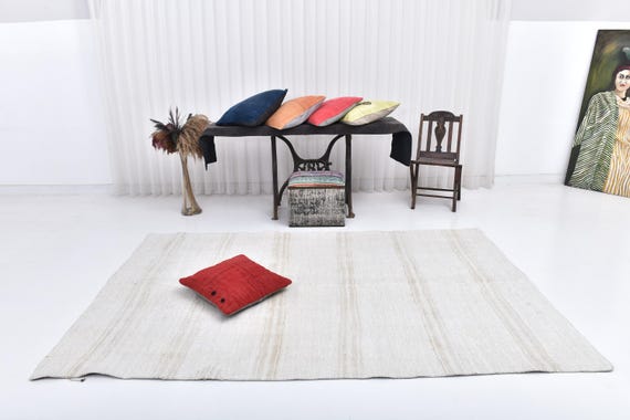 6x9 White Beige Bohemian Hemp Rug, 6x9 Hemp Rug, 6x9 Rug, Neutral Handmade Hemp Rug, 6x9 Area Rug, 6x9 Vintage Rug, Rug For Bohemian Room