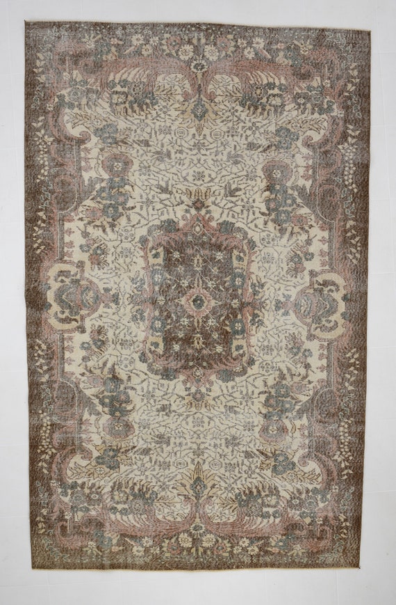 6x10 ORIENTAL OVERSIZE VINTAGE Rug, Shades Of Dark Green Brown Vintage Rugs Wool 6x10 Rugs Handmade Oushak Oriental & Floral Style Carpet