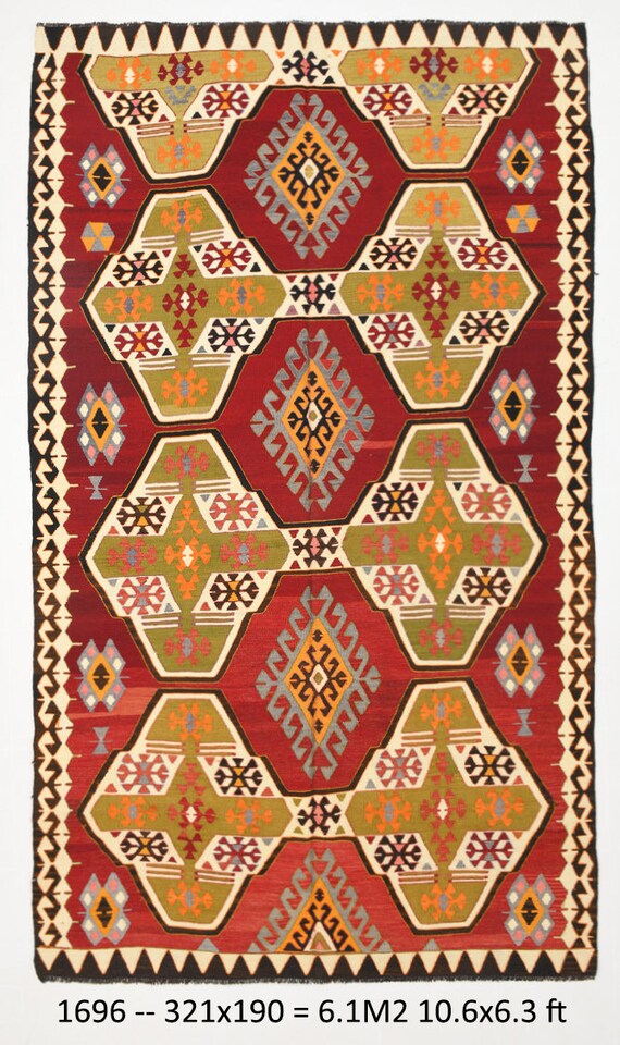 6x10 Rugs, Large Kilim, 6x10 TURKISH VINTAGE KILIM Rug, 6x10,  Kilim Rug 6x10, Oushak Handmade Kilim, Shades Of Green & Red, Rug For Bedroom