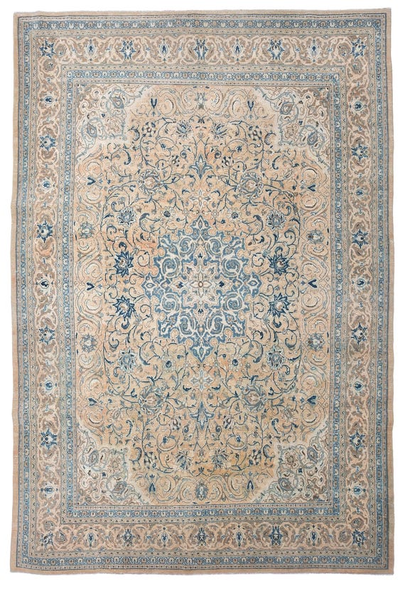 9x12 Madallion Blue and Peach Persian Rug, Floral 9x12 Oversize Persian Rug, Large Area Rug, 9x12 Rugs, Handmade Wool Rug, 9x12 Area Rug,