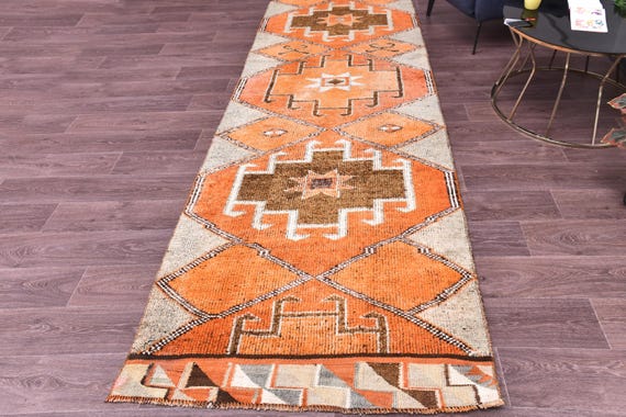 3x13 Vintage Handwoven Wool Runner Rug, Orange Gray Color, Hallway Kithcen Rug, Handmade Soft Wool-Turkish
