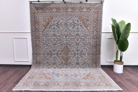 7x10 Turkish Wool Cotton Oriental Large Rug, Handmade, Natural Fiber, Blue Terracotta Color