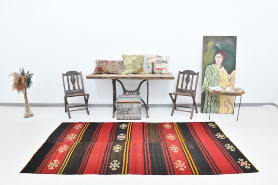 4x6 Rugs, Small Kilim, 4x6 TURKISH VINTAGE KILIM Rug, 4x6 Vintage Kilim Rug, 4x6 Area Rug, Wool Handmade Kilim, Red & Yellow Kilim, Antique