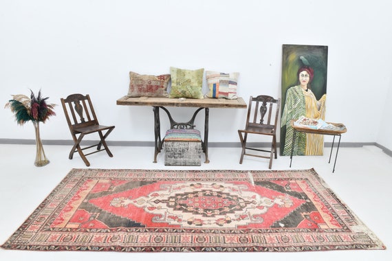 5x10 Area Rug 5x10 Vintage Rug 5x10 Red Beige Vintage Rug 5x9 Rug Wool Handmade Persian Rug 5x9 Turkish Rug Oriental Geometric Style Antique