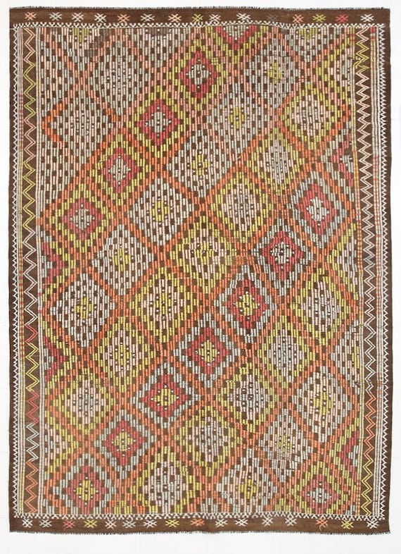 6x11 Turkish Kilim Rug, Geometric Pattern Rug, 6x11 Area Kilim Rug, Farmhouse Decor, 6x11 Living Room Rug, Orange Yellow Red Rug, 6x11 Rug