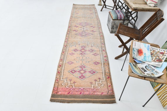 3x12 Runner Rug, 3x12 VINTAGE HERKI RUNNER Rug, 3x12, Vintage Runner, Handmade Oushak Rug, Brunt Orange Rug, Turkish Runner ,Long Rugs 3x12