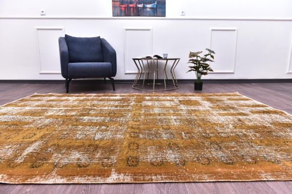 6x9 Vintage Overdyed Rug, Handmade Wool Rug, 6x9  Living Room Bedroom Rug, Golden Mustard Brown Color, 6x9 Area Rug,