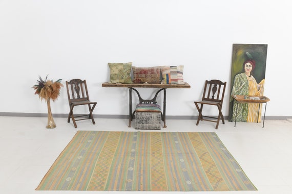 6x8 Area Rug, 6x8 Kilim Rug, 6x9 Modern & Striped Kilim Rug, 6x9, Wool Handwoven Kilim, 6x9 Rugs, Pale Green / Pale Blue Kilim, Antique 57s