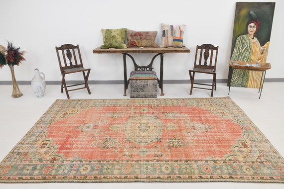 6x10 Turkish Vintage Area Rug, Oversize Rug, Large Area Rug, 6x10 Vintage Rug, Handmade Wool Rug, Orange Tones Rug, 6x10 Turkish Rug