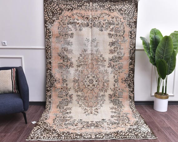 6x10 Faded Vintage Taupe Salmon Oriental Area Rug, Handmade Wool, Pale Taupe Color