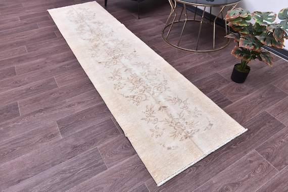 2x9 Vintage Cream Runner Rug, Handmade Wool Rug, 2x9 Cream Brown Color, 2x9 Floral Hallway Rug 2x9 Kithcen Runner Rug, Farmhouse Style Rug