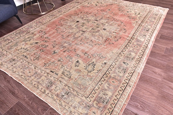 7x10 Vintage Faded Area Rug, Salmon Color Rug, 7x10 Rug, 7x10 Handmade Wool Rug, 7x10 Area Rug, Turkish Distressed Rug, Farmhouse Decor,