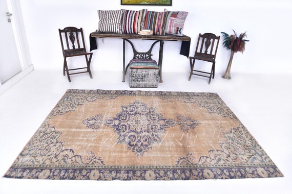 5x8 Area Rug - 5x8 Retro Vintage - 5x8 Light Pale Orange Blue Vintage Rug - 5x8 Rugs - Aesthetic Handmade Oushak - Vintage Rug 5x8 - 57s Rug