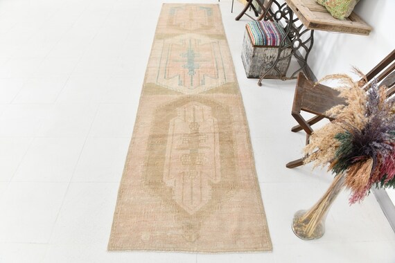 3x12 Runner Rug, 3x12 VINTAGE OUSHAK RUNNER Rug, 3x12 Oushak Runner, Wool Handmade Oushak, 3x12 Rugs, Pale Blue Rug, Vintage Runner 3x12