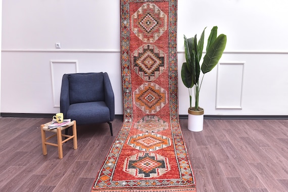 3x12 Handmade Vintage Wool Runner Rug, Rug For Hallway Kithcen, Red Peach Color, Oriantal Runner