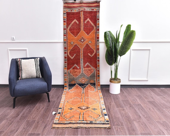 3x11 Vintage Oriental Handmade Traditional Burgundy Orange Wool Stair Hallway Runner Rug, Outlet