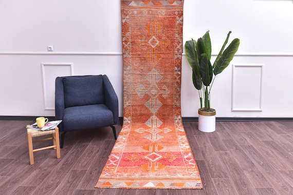 3x11 Vintage Peach Runner Rug, Handmade Soft Wool,