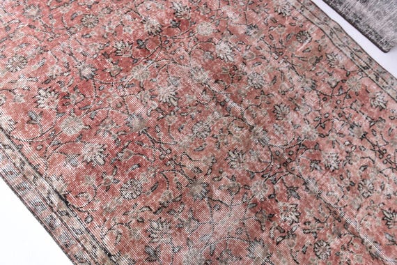 4x9 Coral Terracotta Vintage Rug, 4x9 Persian Style Distressed Area Rug, 4x9 Faded Floral Pattern Bohemian Home Decor,