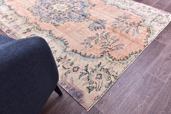 6x8 Vintage Distresssed Area Rug, Handmade Wool Rug, Peach Green Color, 6x8 Living Room Bedroom Rug, 6x8 Farmhouse Decor Rug, 6x8 Area Rug