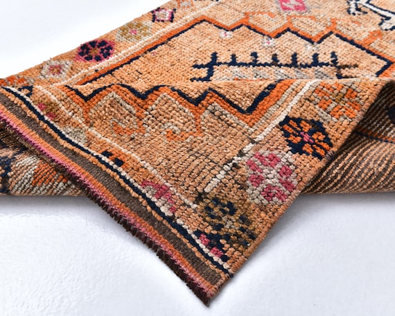 3x13 Navy Blue Orange Vintage Runner Rug, 3x13 Vintage Runner, 3x13 Rug, Wool Handmade Herki, 3x13 Runner Rug, 3x13 Turkish Runner, Hallway