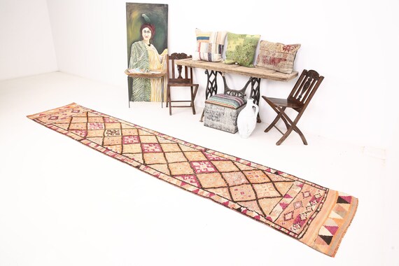 3x13 Runner Rug, Herki Runner 3x13, 3x13 TURKISH VINTAGE RUNNER Rug, 3x13, Wool Handmade Oushak, 3x13 Vintage Runner, Orange Burgundy Rug,
