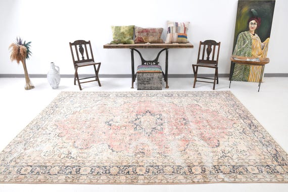 7x10 Oriental Bodered Vintage Rug, Oversize Vintage Rug, Large Area Rug, Shades Of Blue Beige, Persian Handmade Wool Carpet, Farmhouse Decor