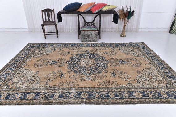 Antique Vintage Turkish Rug, 7x11 Faded Orange & Blue, 7x11 Extra Large Area Rug, 7x11 Oversize Oushak Rug, Turkish Aesthetic Handmade Rug,