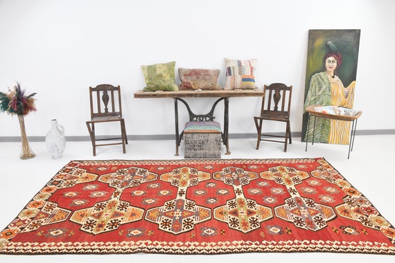5x10 Rugs, 5x10 TURKEY KİLİM RUG, Vintage Kilim Rug, 5x10 Area Rug, Wool Handmade Oushak Rug, 5x10, Turkey Rug, Brown & Red Kilim, Rug 5x10