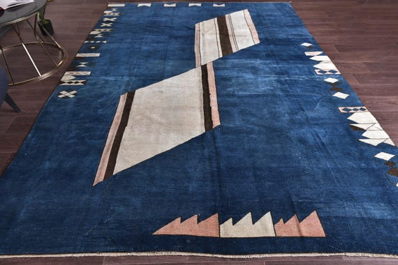 7x10 Handmade Retro Turkish Rug, Navy Blue Ivory Color, Geometric Art Deco Rug,  Living Room Rug, Oushak Style